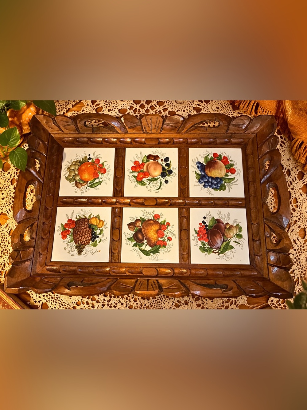 Vtg 70s Mexican Hand Carved Wood Ceramic Fruit Tile Serving Tray Wall Art